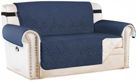 H.VERSAILTEX Reversible Loveseat Cover Furniture Protector Anti-Slip Water Resistant 2 Inch Wide Elastic Straps Couch Covers Pets Kids Fit Sitting Width Up to 46"(Love Seat: 75" x 90", Navy/Beige)