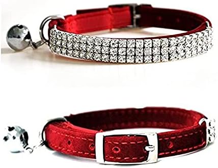 CHUKCHI Soft Velvet Safe Cat Adjustable Collar Bling Diamante with Bells,11 inch for Small Dogs and Cats (Red)