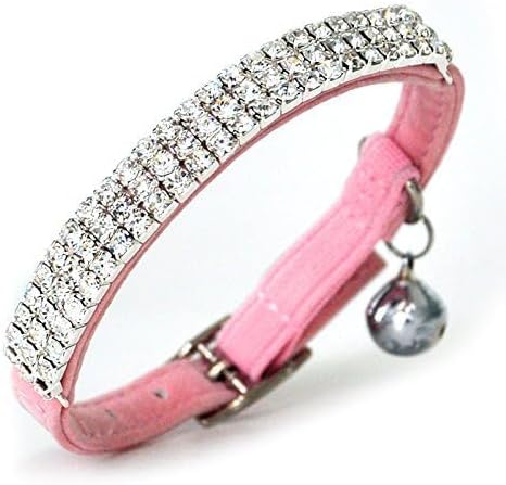 CHUKCHI Soft Velvet Safe Cat Adjustable Collar Bling Diamante with Bells,11 inch for Small Dogs and Cats (Pink)