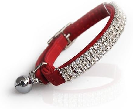 CHUKCHI Soft Velvet Safe Cat Adjustable Collar Bling Diamante with Bells,11 inch for Small Dogs and Cats (Red)