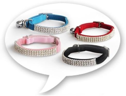 CHUKCHI Soft Velvet Safe Cat Adjustable Collar Bling Diamante with Bells,4 Pcs Black，Pink，red, Black