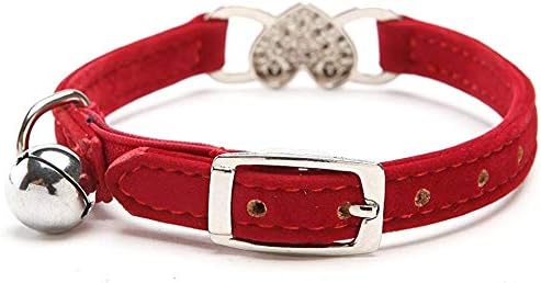 CHUKCHI Pink Soft Velvet Safe Cat Adjustable Collar with Crystal Heart Charm and Bells 8-11 Inches(Black+Red)