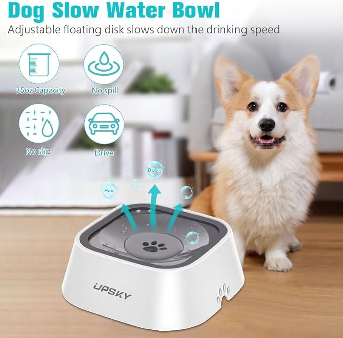 UPSKY No-Spill Pet Water Bowl, Slow Water Feeder, No-Slip Pet Water Dispenser 35oz Feeder Bowl for Dogs and Cats