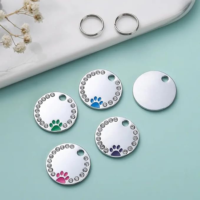 Personalized Dog/Cat Cute Paw Pet ID Tag for Pet Collar or Key Chain - Custom Laser Engraved Unique Dog/cat Name tag with Phone Number (White, Crystals Round-Small)