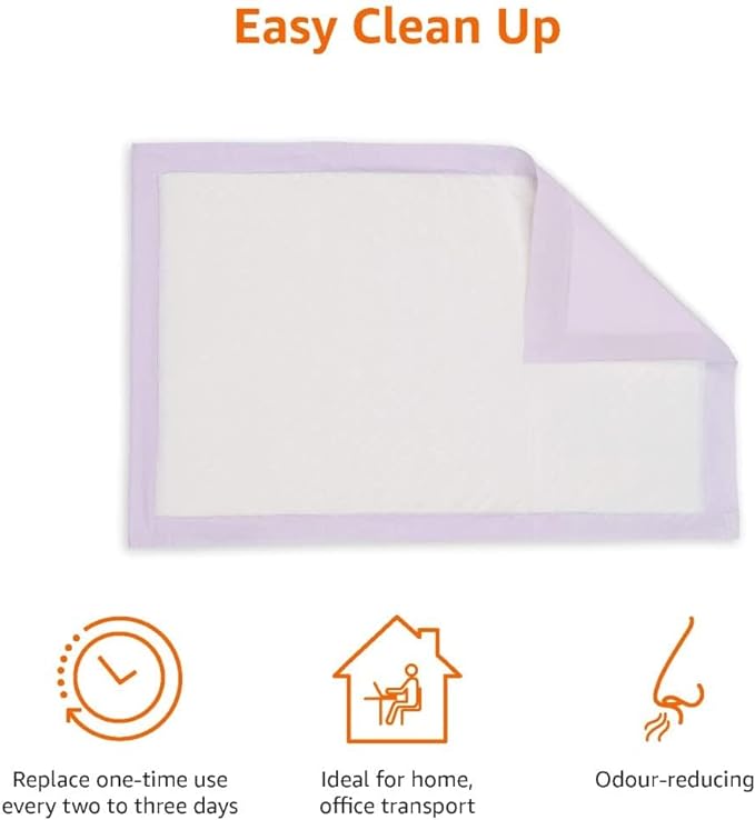 Amazon Basics Cat Pee Pads, Super Absorbent, Odor Control, Unscented, Universal Fit for Litter Box, Disposable, White/Purple, 100 Count