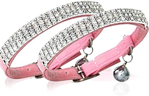 CHUKCHI Soft Velvet Safe Cat Adjustable Collar Bling Diamante with Bells,11 inch for Small Dogs and Cats (Pink- 2 Pack)