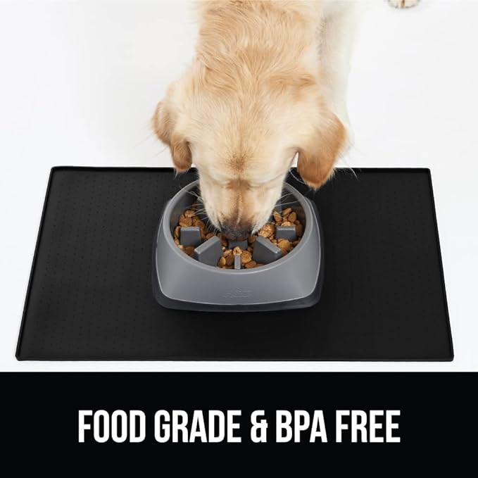 GORILLA GRIP 100% Waterproof Raised Edge BPA Free Silicone Pet Feeding Mat, Dog Cat Food Mats Contain Spills Protects Floors, Placemats for Cats and Dogs Water Bowl, Pets Accessories 18.5x11.5 Black