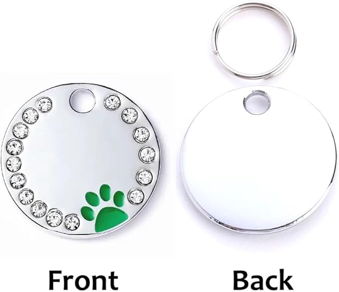Personalized Dog/Cat Cute Paw Pet ID Tag for Pet Collar or Key Chain - Custom Laser Engraved Unique Dog/cat Name tag with Phone Number (Green, Crystals Round-Small)