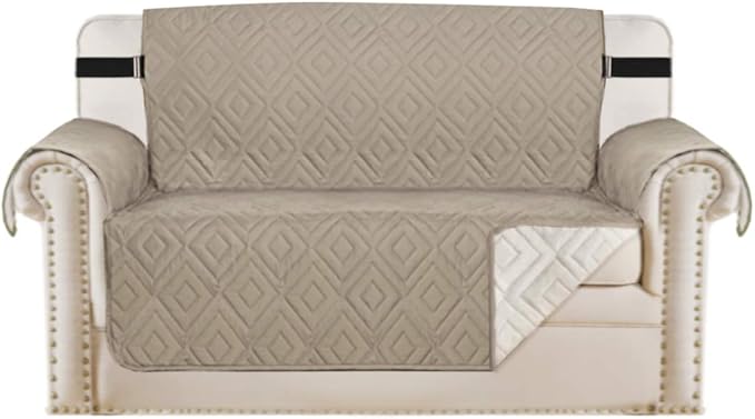 H.VERSAILTEX Reversible Loveseat Cover Furniture Protector Anti-Slip Water Resistant 2" Elastic Straps Couch Covers Pets Kids Fit Sitting Width Up to 54"(Oversized Loveseat: 75" x 98", Khaki/Beige)