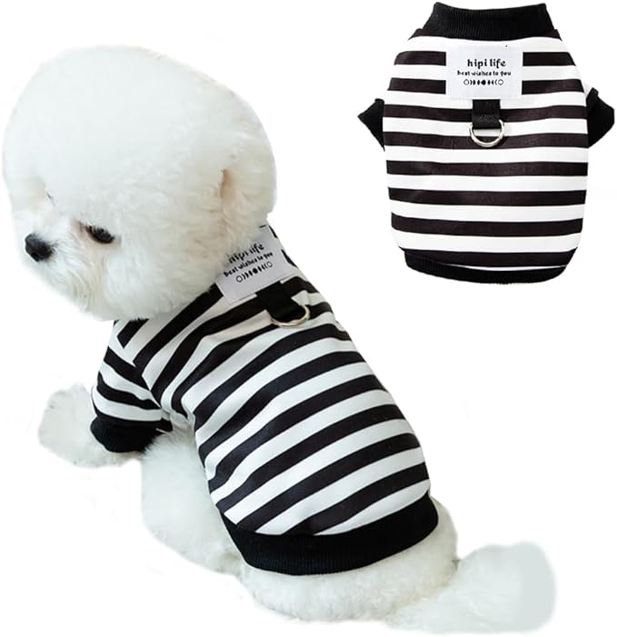 Autumn Dog Hoodies with Leash Ring Warm Striped Puppy Shirt for Small Dog Girl Boy Cat Sweater Winter Pet Clothes Pomeranian Chihuahua Cold Weather Coat (Large, Black)