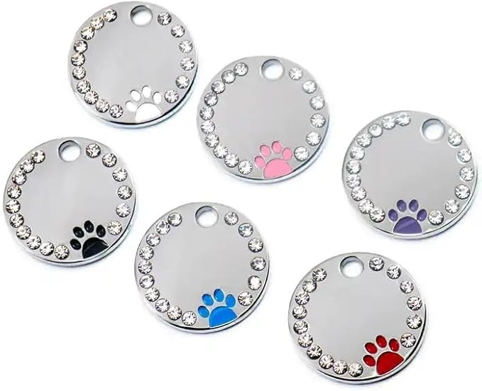 Personalized Dog/Cat Cute Paw Pet ID Tag for Pet Collar or Key Chain - Custom Laser Engraved Unique Dog/cat Name tag with Phone Number (Green, Crystals Round-Small)
