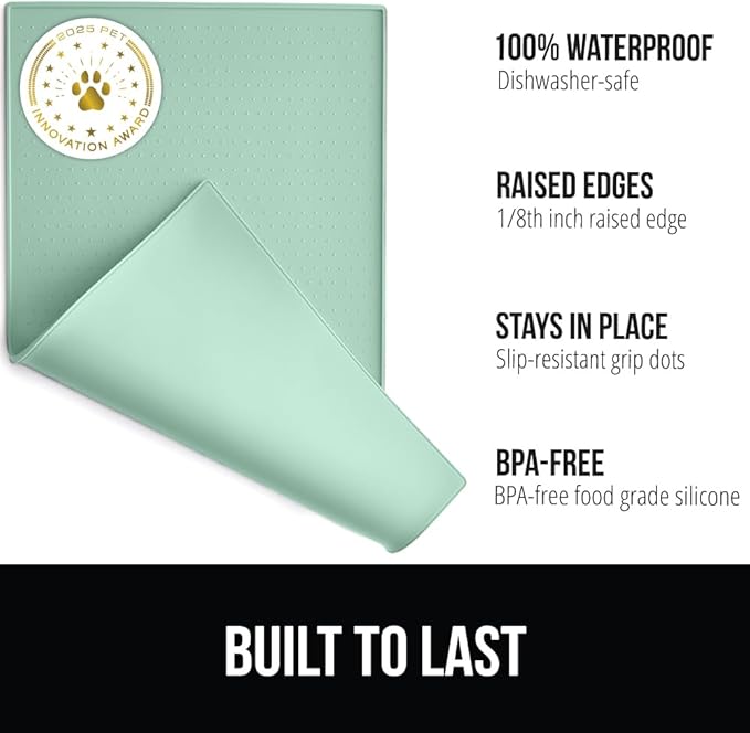 GORILLA GRIP 100% Waterproof Raised Edge BPA Free Silicone Pet Feeding Mat, Dog Cat Food Mats Contain Spills Protects Floors, Placemats for Cats and Dogs Water Bowl, Pets Accessories 18.5x11.5 Mint
