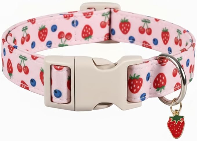 Pink Dog Collar, Girl Dog Collar for Small Dogs, Spring Summer Puppy Collar with Cute Strawberry, Cherry and Blueberry Print, Soft Adjustable Collars for Girls Boys Dogs, S