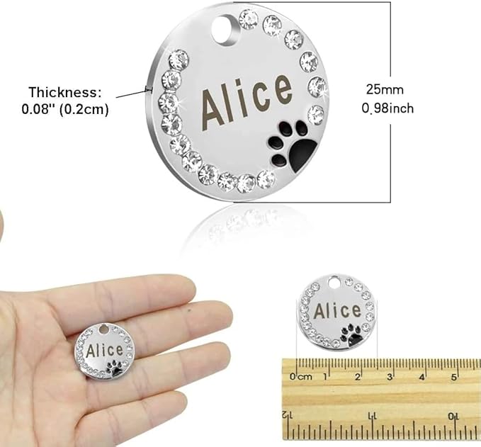 Personalized Dog/Cat Cute Paw Pet ID Tag for Pet Collar or Key Chain - Custom Laser Engraved Unique Dog/cat Name tag with Phone Number (Black, Crystals Round-Small)