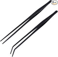 2 Pack Aquarium Forceps, 15 inch Long Handle Aquarium Tweezers Stainless Steel Straight and Curved Tweezers Set for Fish Tank Aquatic Plants Long Handle Reptile Feeding Tongs, Black