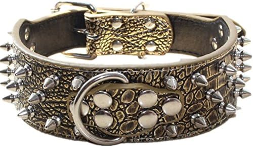 Serijoars Spiked Studded Dog Collar, PU Leather Dog Collar, Adjustable Pet Collars for Medium or Large Breed Pet (M, Gold Brown1)