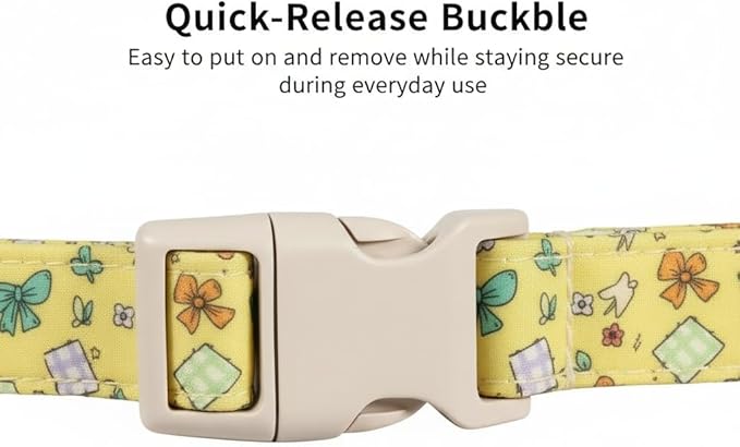 Small Dog Collar with Cute Bowtie Print, Girl Dog Collar for Puppy, Extra Small & Small Dogs, Spring Summer Yellow Puppy Collar with Pendant and Soft Fabric, XS