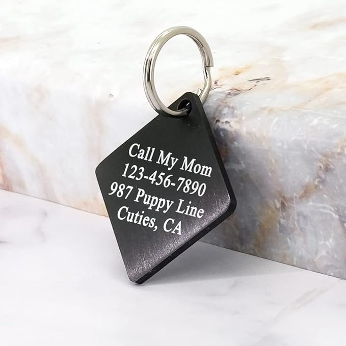 Ultra Joys Stainless Steel Pet ID Tag - Custom Dog & Cat Tags, Personalized Front & Back Engraving, Diamond Tag Vine Flower Design, Black, Large