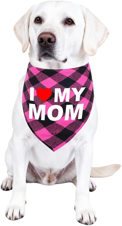 GreenJoy Cute Plaid Dog Bandana – Washable Pet Triangle Scarf for Small, Medium, Large Dogs and Cats, Adjustable Pet Accessory for Birthday, Wedding and Christmas (Pink (Mom), Medium)