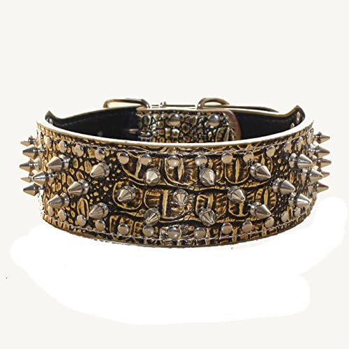 Serijoars Spiked Studded Dog Collar, PU Leather Dog Collar, Adjustable Pet Collars for Medium or Large Breed Pet (L, Gold Brown)