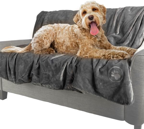 Waterproof Reversible Dog Blanket 60x70 Inches for Couch Bed Car – Soft Sherpa Fleece Pet Throw Furniture Protector Cover - Washable Pet Blanket for Dogs Cats Home Décor by PETMAKER (Gray)