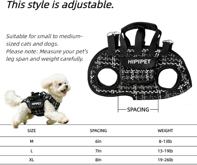 Dog Lift Harness Dog Carrier Adjustable Breathable Vest Straps for Small Medium Pet Treat Bag Fashion Outdoor Hiking (Black M 14-19lb)