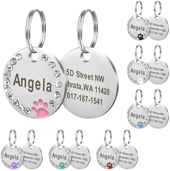 Personalized Dog/Cat Cute Paw Pet ID Tag for Pet Collar or Key Chain - Custom Laser Engraved Unique Dog/cat Name tag with Phone Number (Pink, Crystals Round-Small)