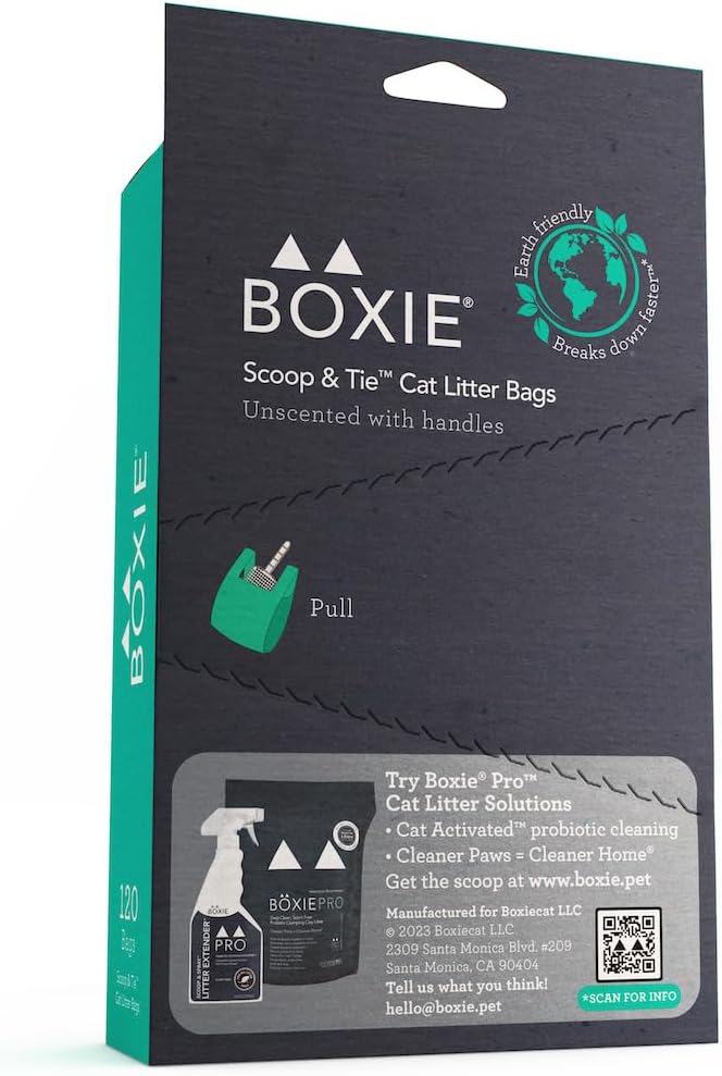 Boxie Sustainable Scoop & Tie Pet Waste Bags, 120 Count, Leak-Proof, Easy-to-Tie Handles, Eco-Friendly, Odor Control, EPI Technology, Durable for Cat Litter & Dog Waste