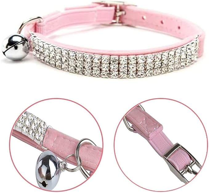 CHUKCHI Soft Velvet Safe Cat Adjustable Collar Bling Diamante with Bells,11 inch for Small Dogs and Cats (Pink)