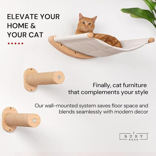 7 Ruby Road Cat Wall Shelves Hammock Set - Wall Mounted Cat Furniture with Steps for Large Cats, Indoor Climbing & Lounging