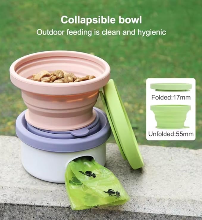 3 in 1 Collapsible Dog Bowl. Treat Container, Poop Bag Holder with 1 Roll Poop Bags – Practical Silicone Dog Bowl – Durable Pet Bowls for Travel Essentials, Daily Walks (Violet)
