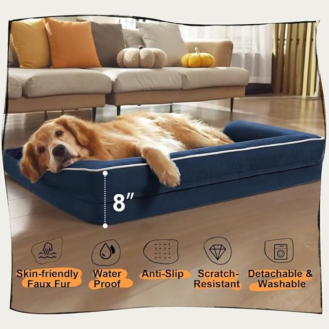 Orthopedic Large Dog Bed Washable: Orthopedic Dog beds for XXXLarge Size Dogs, Waterproof Washable Cover with Egg Foam Removable Bolster, Navy Blue Pet Beds for Large Dogs