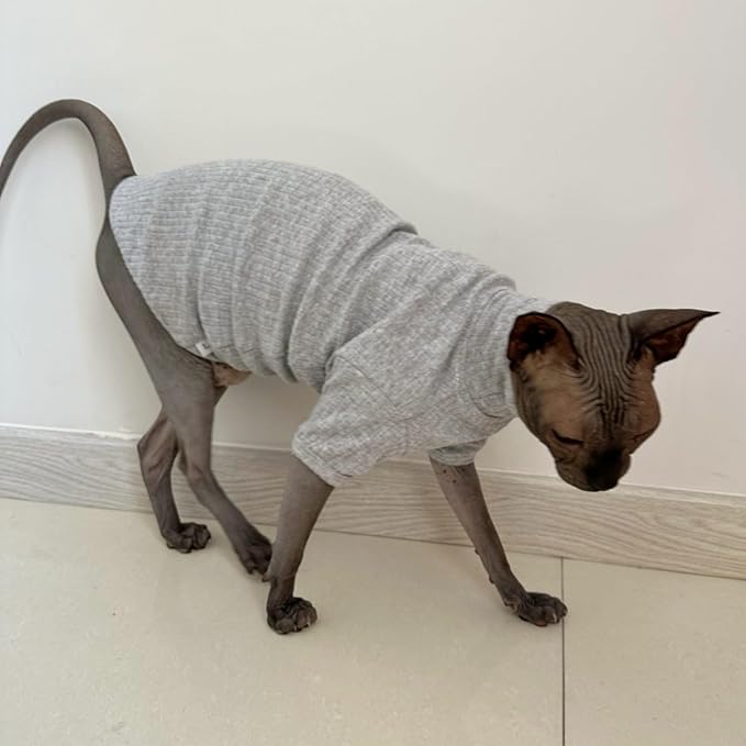 Sphynx Hairless Cats Shirt Cotton Cat Turtleneck Sweater Pullover Kitten T-Shirts with Sleeves Cat Pajamas Jumpsuit for Sphynx Cornish Rex, Devon Rex, Peterbald (Large (Pack of 1), Light Grey)