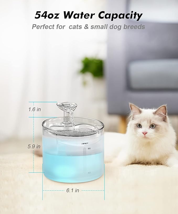 NPET WF100 Cat Foutain, 54oz/1.6L Automatic Pet Water Fountain Dog Water Dispenser with 2 Flow Modes, Bottom Suction LED Light Quiet Pump for for Cats & Small Dogs