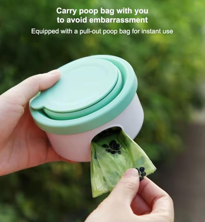 3 in 1 Collapsible Dog Bowl. Treat Container, Poop Bag Holder with 1 Roll Poop Bags – Practical Silicone Dog Bowl – Durable Pet Bowls for Travel Essentials, Daily Walks (Violet)