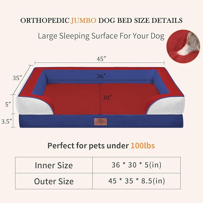Comfort Expression Orthopedic Dog Bed for Extra Large Dogs 45x35 Inch, Waterproof Egg Crate Foam XL Pet Bed with Removable Bolsters, Dog Couch with Washable Cover & Non-Slip Bottom, American Flag 2