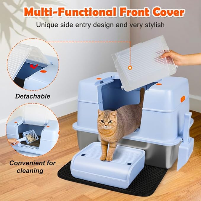Vivifying Stainless Steel Litter Box with Lid, XL Side Entry Extra Large Litter Box for Big Cats & Kitty, Removable Enclosed Metal Cat Pan with High Sided Enclosure, Scoop, Mat, Footboard (Blue)