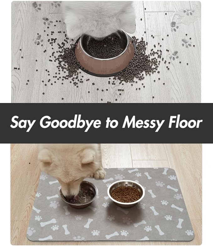 MontVoo Dog Food Mat-Pet Feeding Mat for Food and Water-No Stains Quick Dry Dispenser Cat Bowl Mat for Messy Drinkers(17"x28" Grey)