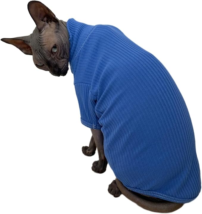 Sphynx Cats Shirt Cat Turtleneck Cotton Sweater Pullover Kitten T-Shirts with Sleeves Cat Pajamas Jumpsuit for Sphynx Cornish Rex, Devon Rex, Peterbald (Small, Deep Blue)