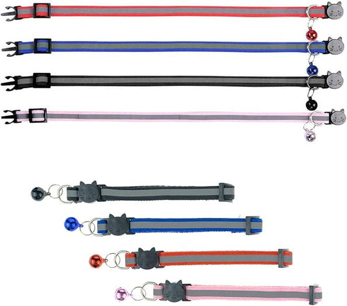 4 Pcs Cat Collars with Bell, Breakaway & Reflective, Nylon, 4 Colors, 7-12 Inch, Unisex, Small Breeds