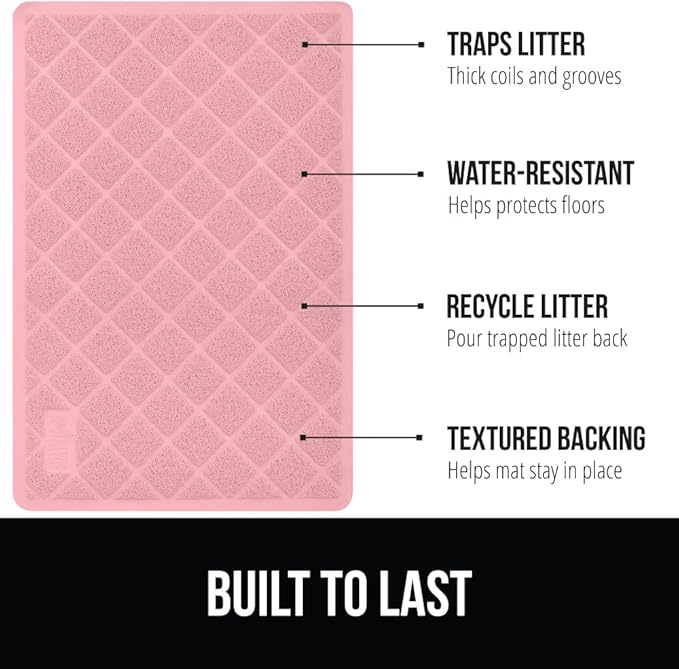 GORILLA GRIP Cat Litter Box Mat, Water Resistant, US Designed Kitty Litter Trapping Mats, Easy to Clean, Scatter Control, Less Mess and Clean Floors, Kitten Supplies for Indoor Cats, 24x17 Light Pink