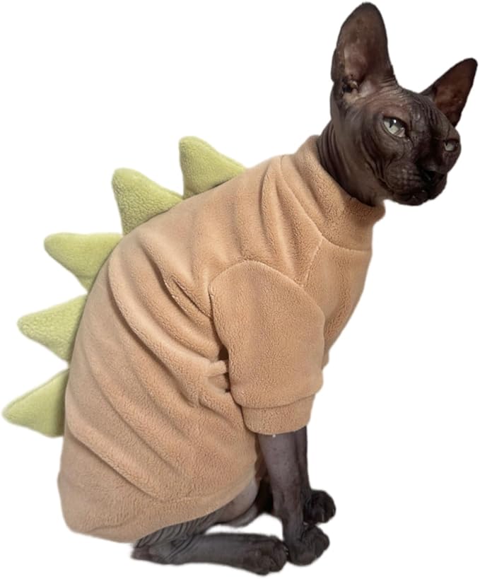 Dinosaur Sphynx Cat Clothes, Soft Polar Fleece Sweater for Cat, Elastic Pet Clothes Thick Winter Warm Outfit for Hairless Cat, Devon, Cornish, Small Dogs Apparel with Sleeves (Khaki, Small)