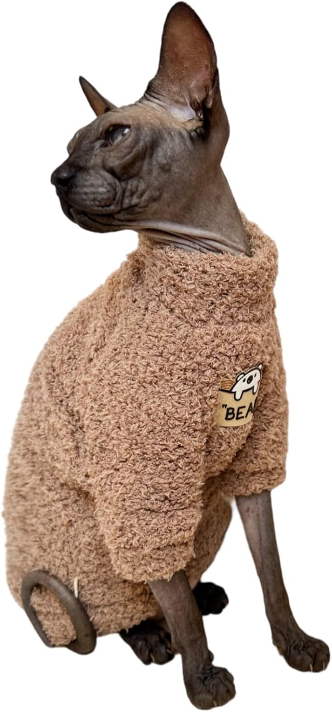 Sphynx Cat Clothes Hairless Cat Super Soft Warm Fleece T Shirt Elastic Winter Sweater Outfit, Pet Clothes for Sphynx Cat Coat for Cats and Small Dogs Apparel (Brown, Medium)
