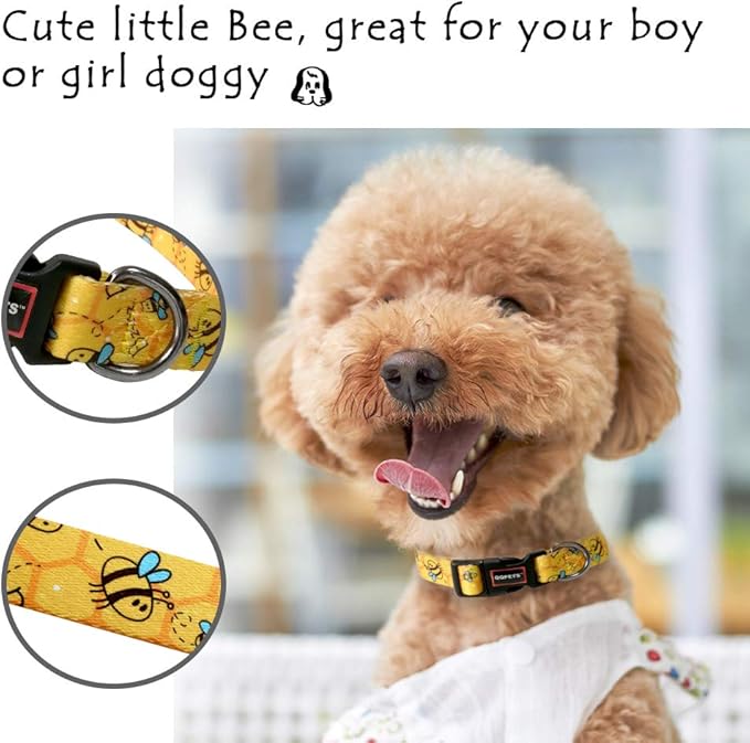QQPETS Adjustable Soft Dog Collar: Print Flower Pink Multicolor Cute Patterns for XS Small Medium Large Pet Girl Boy Puppy Walking Running Training (L, Yellow Bee)