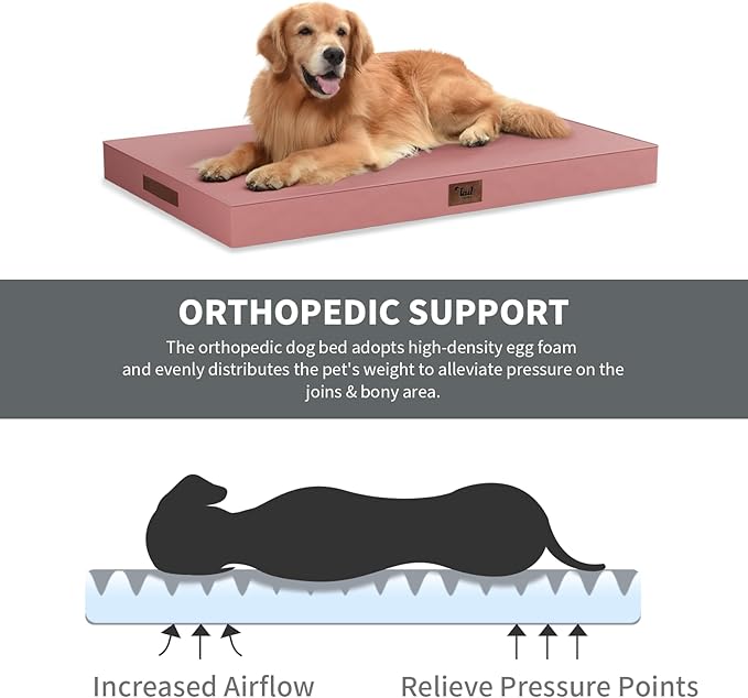 Outdoor Dog Bed for Small Dogs & Cats, Waterproof Dog Crate Mat Orthopedic Egg Crate Foam with Washable Removable Oxford Cover, Pink