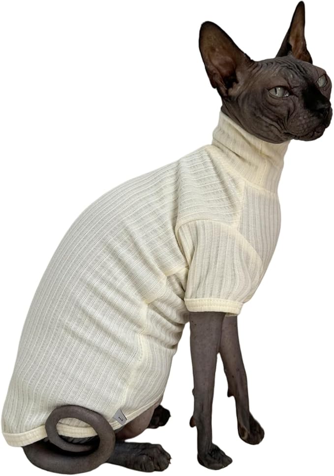 Sphynx Cats Shirt Cat Turtleneck Cotton Sweater Pullover Kitten T-Shirts with Sleeves Cat Pajamas Jumpsuit for Sphynx Cornish Rex, Devon Rex, Peterbald (White, Small)
