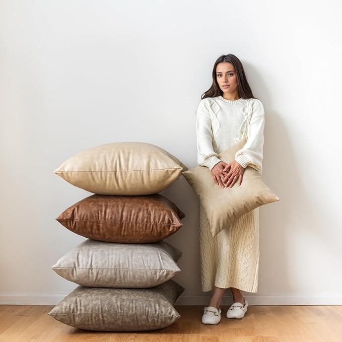 Neutral Decorative Faux Leather Pillow Covers, Pack of 2 Modern Boho Luxury Floor Cushion Cover, for Home Decor Pet Hair Resistant Abrasion Throw Pillow Covers 20x20 Inch Olive Green.