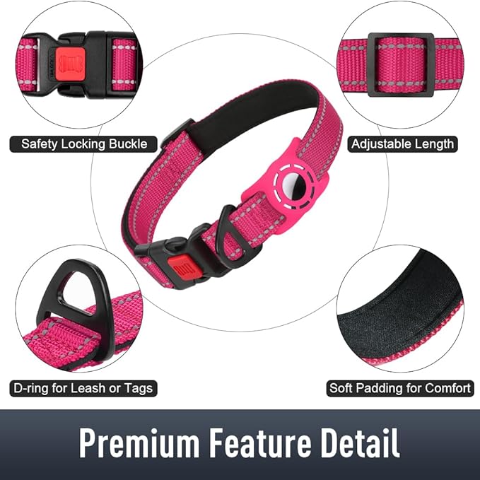 Airtag Dog Collar with AirTag Holder for Puppy Small Dogs, Reflective, Soft Padded & Safety Locking Buckle, Nylon Pet Collars Adjustable for All Breeds, Hotpink,XS