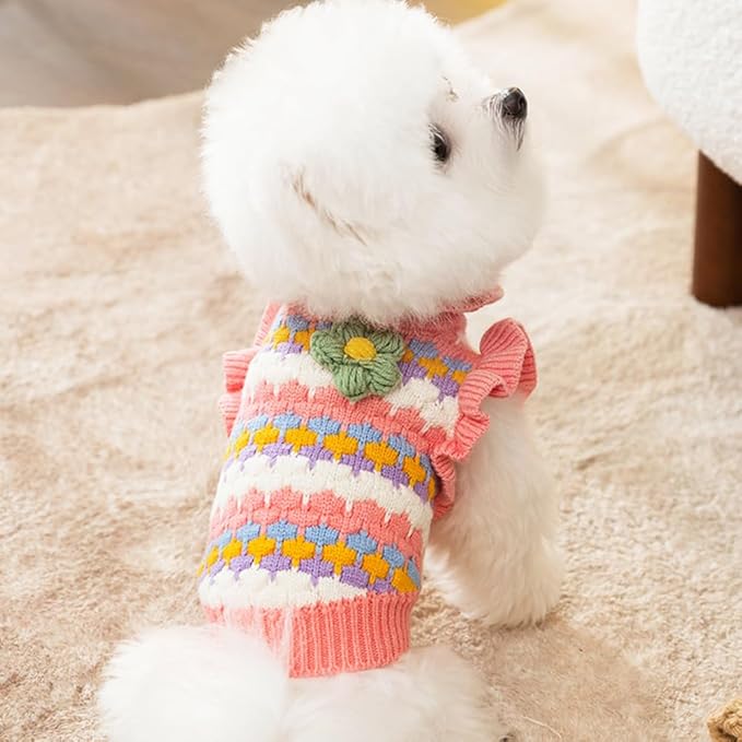 Small Dog Sweater, Knitted Tulip Cat Sweater, Warm Thick Holiday Puppy Clothes for Small Dog Girl,Cold Weather Outfit for Kitten Chihuahua Yorkie Teacup Dachshund Pug (Pink, X-Large)