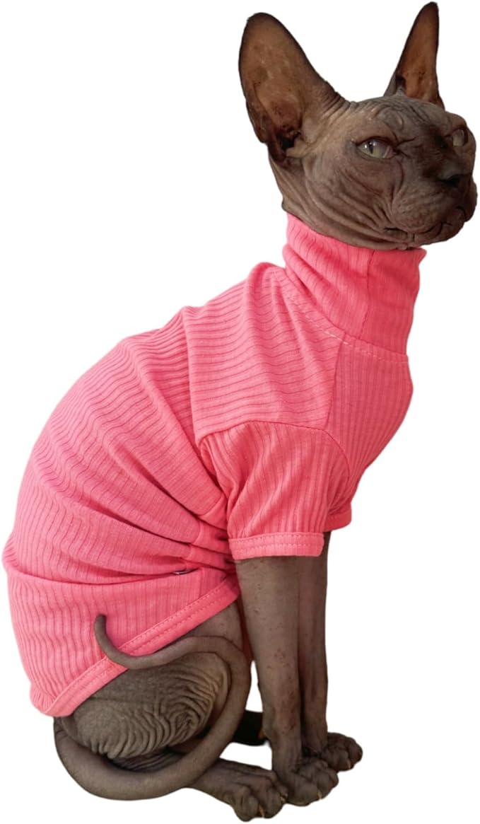 Sphynx Hairless Cats Shirt Cotton Cat Turtleneck Sweater Pullover Kitten T-Shirts with Sleeves Cat Pajamas Jumpsuit for Sphynx Cornish Rex, Devon Rex, Peterbald (XX-Large (Pack of 1), Rosey Pink)